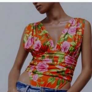 NEW ZARA RED FLORAL DEEP Plunge Body Suit